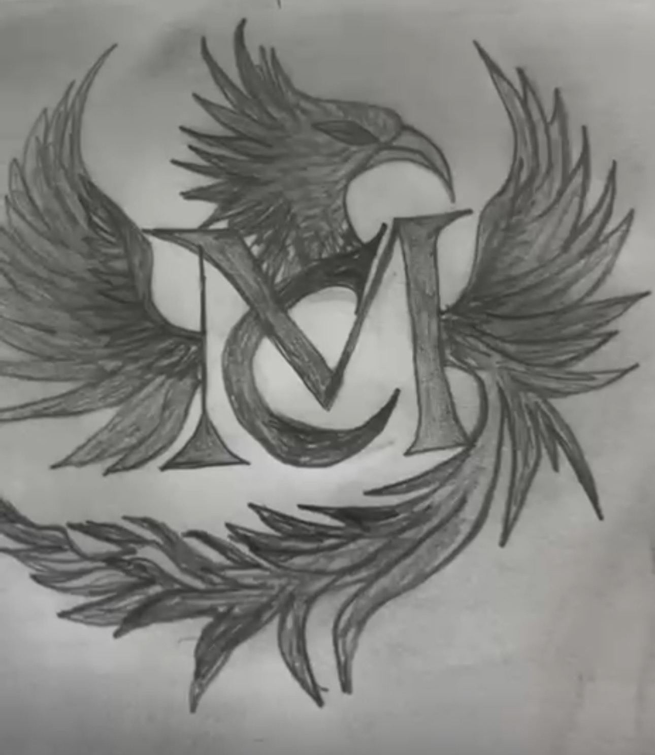 Dibujo original a mano del fénix y monograma MC, sin modificar