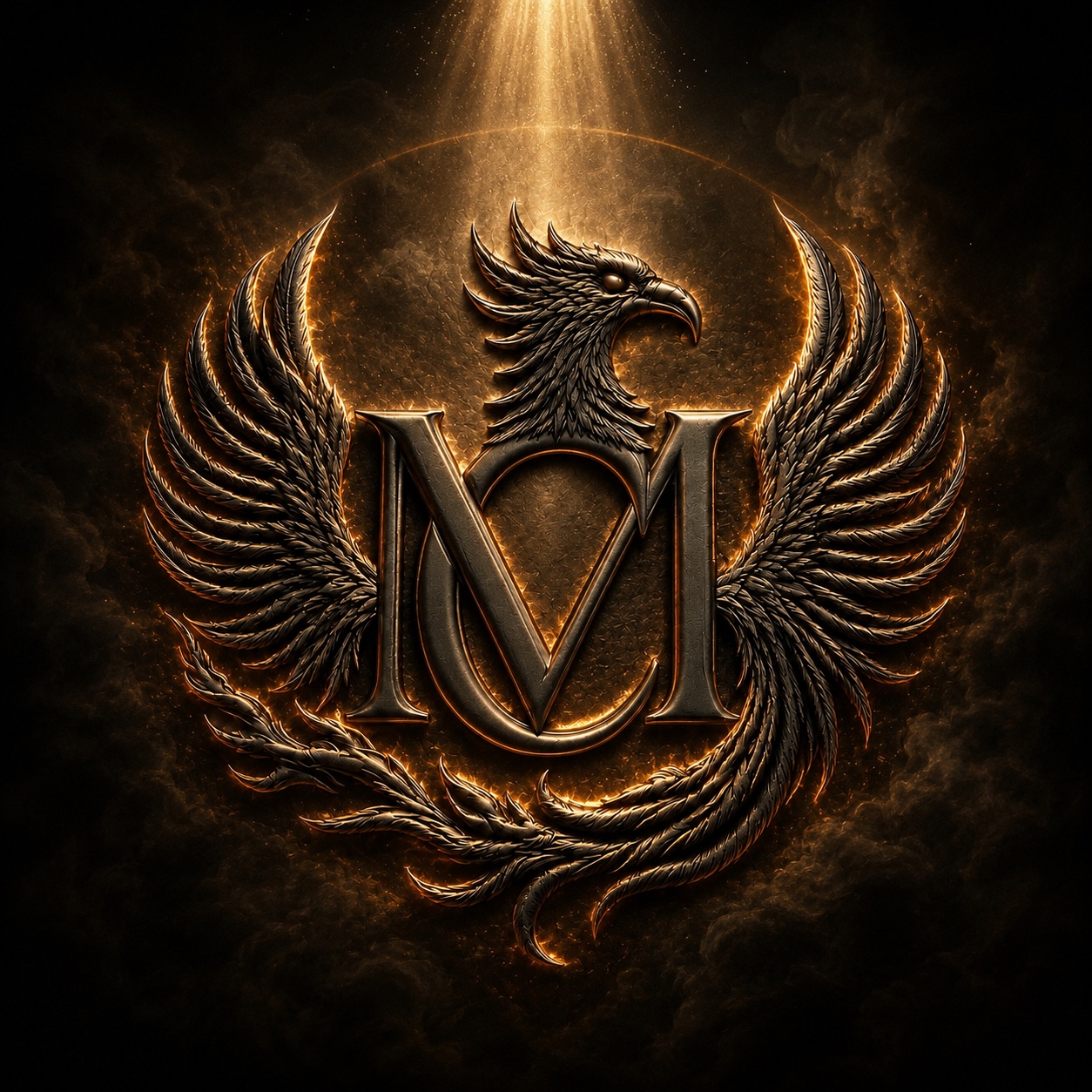 Emblema dorado de MC FENYX con el fénix y las iniciales MC