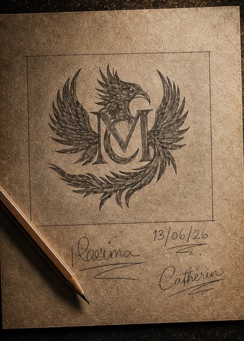 Representación del primer dibujo del símbolo de MC FENYX con las firmas de Marina y Catherine